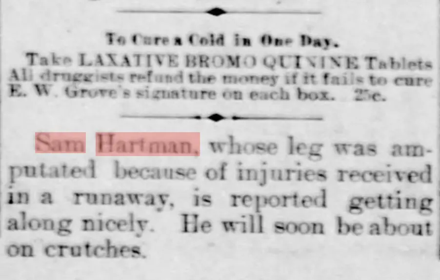 Screenshot of newspaper clipping from the Gunnison News-Champion and Tribune updating readers on Sam Hartman's condition following the accident that took his leg.