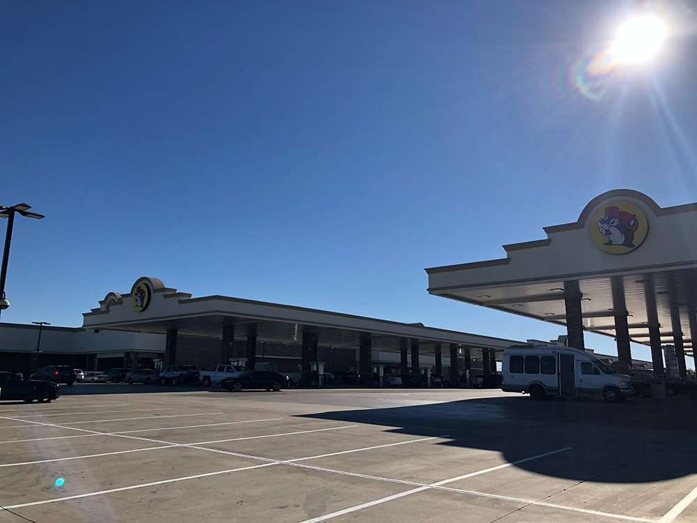 Photo of Buc-ee's outside of  New Braunsfels, TX showing the endless gas station pumps