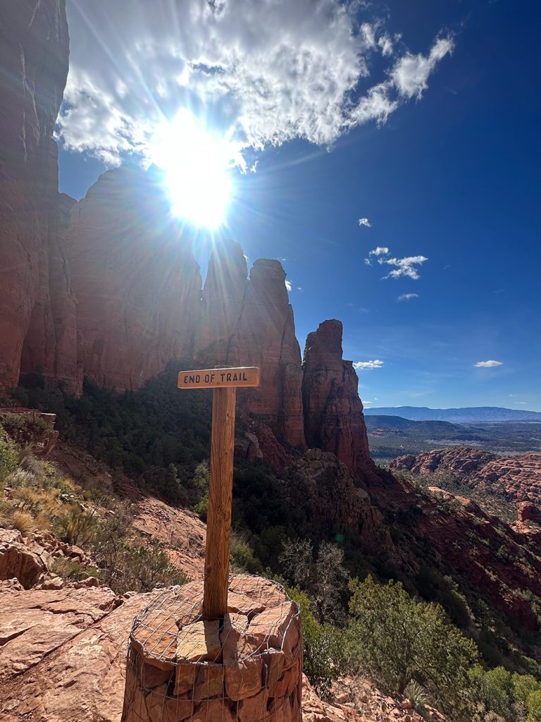 End of Trail sign at Cathedral Rock for Applied Worldwide blog "Feeling the Energy: Hiking Cathedral Rock Vortex in Sedona"