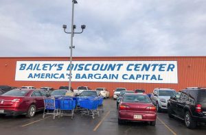 Photo of the front of Bailey's Discount Center warehouse with large letters reading "American's Bargain Capital" in Northern Indiana.