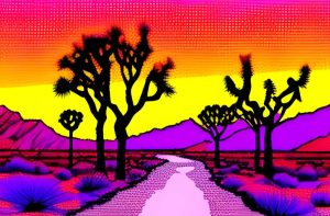 AI generated image of a dirt road in the desert mountains surrounded by Joshua Trees at sunset with neon purples. pinks, yellows, and oranges.