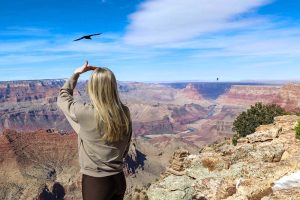 Photo of a woman staring out at a bird fling over the Grand Canyon where the Colorado River flows thousands of feet below