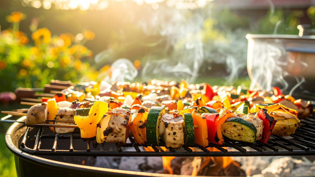Photo of veggie kabobs on the grill for Applied Worldwide Lifestyle blog "How to Take Summer Grilling to the Next Level "How to Take Summer Grilling to the Next Level"