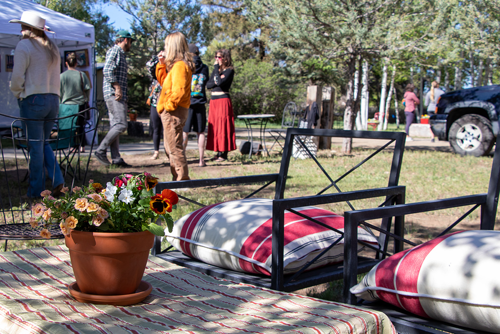 Photo of people gathering around outdoor seating and flowers at Hartman Castle Art Fair for Applied Worldwide blog "Hartman Castle Welcome Community for First Time in Century"