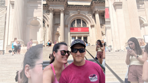 Stephanie and Luke sitting on the steps of The Met in New York City.